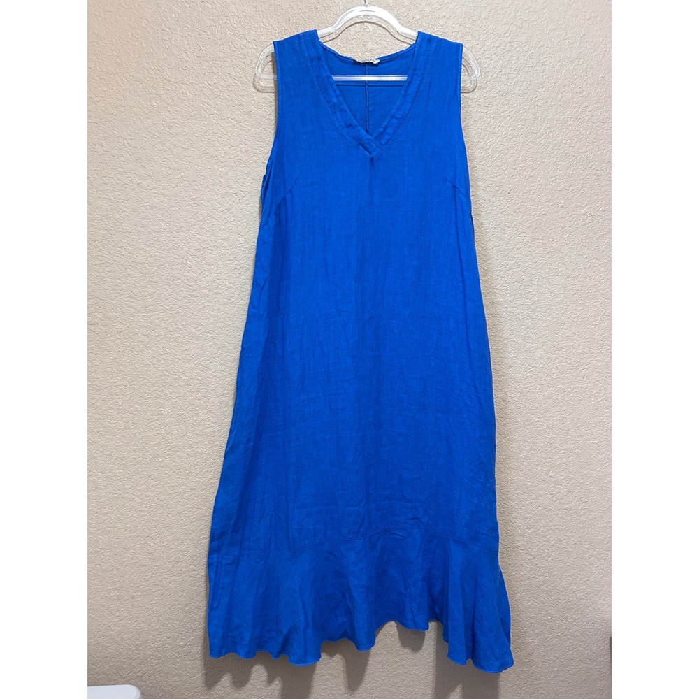 Francesca Bettini XL Linen V-Neck Maxi Dress Blue Made in Italy Coastal Boho